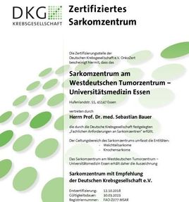 Zertifikat der DKG für das Sarkomzentrum am WTZ Essen