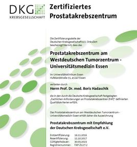 Zertifikat der DKG für das Prostatakrebszentrum am WTZ Essen