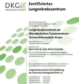 Zertifikat der DKG für das Lungenkrebszentrum am WTZ Essen
