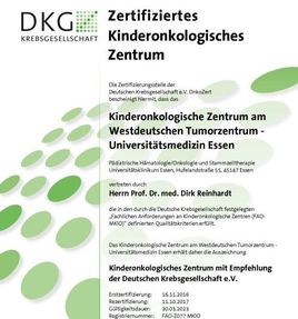 Zertifikat der DKG für das Kinderonkologische Zentrum am WTZ Essen