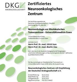 Zertifikat Neuroonkologisches Zentrum WTZ Essen