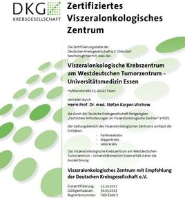 Zertifikat der DKG für das Viszeralonkologische Zentrum am WTZ Essen